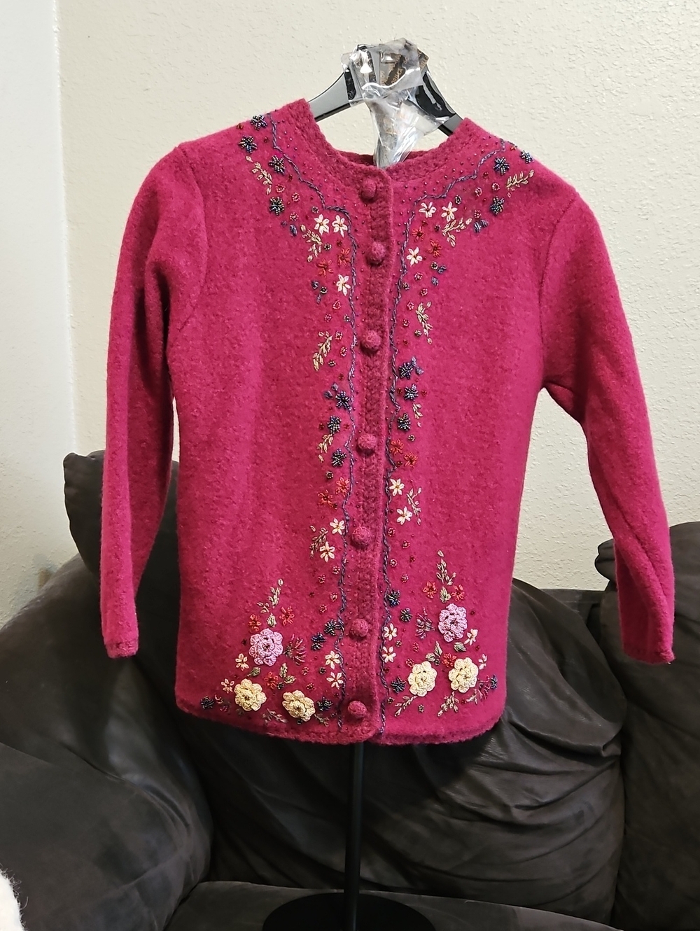 VINTAGE Embroidered 100% Wool Fuchsia Button-Front Cardigan Sweater